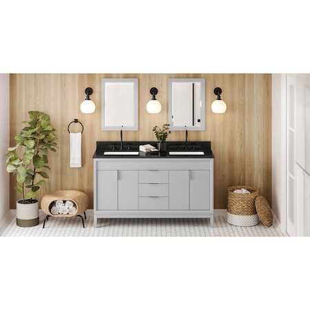Jeffrey Alexander 60In. Grey Theodora Vanity, Double Bowl, Black Granite Vanity Top, 2 Undermount Rectangle Bowls VKITTHE60GRBGR
